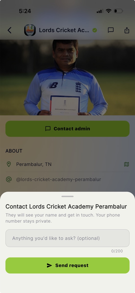 A cricket academy's public page on Skipper, with programs, facilities and coaches