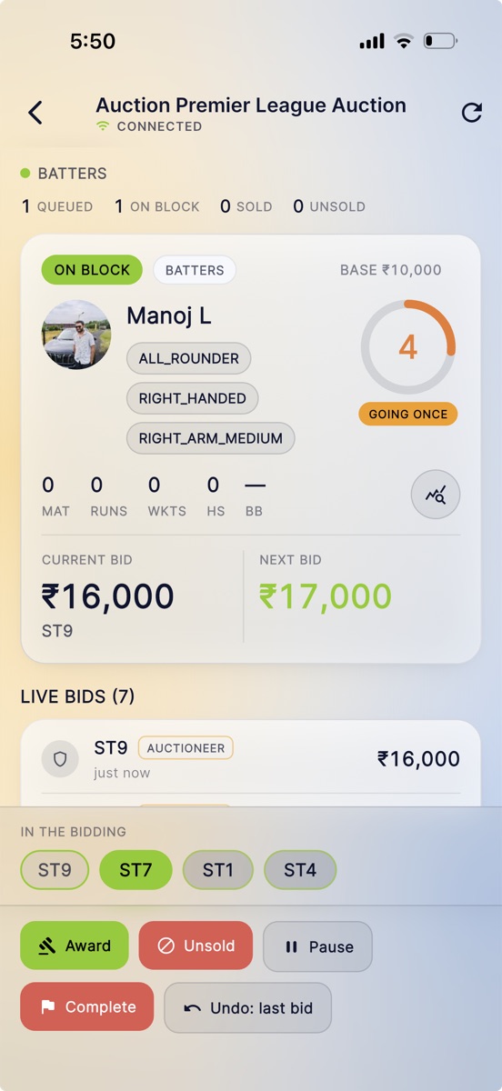 The Skipper player auction room with live bidding from every captain's phone